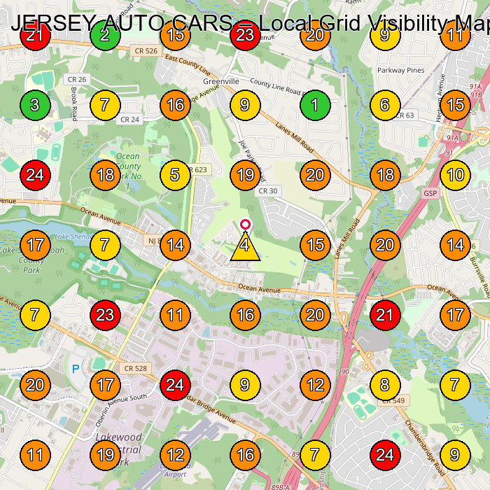 JERSEY AUTO CARS Used Car Dealer GeoGrid ranking map for Lakewood NJ